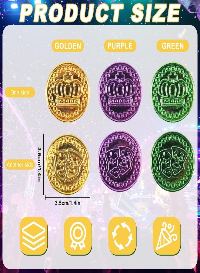 Qumenan 168 PCS Mardi Gras Plastic Coins Assorted Purple Green Gold Coins Mardi Gras Fake Coins for Mardi Gras Table Decorations Party Accessory Supplies - Image 2